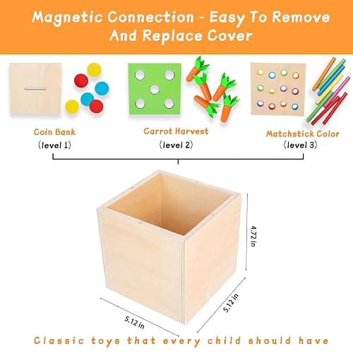 Adena Montessori 3 for 1 Wooden Montessori Play Kit Baby Toys,includes Matchstick Color Drop Game,Carrot Harvest Game and Coin Box,Learning Toy for Kid 1,2,3 Year Old,Girl Boy Gift for Baby 6-12 Month thumbnail 4