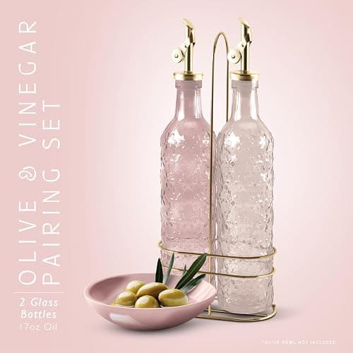 COOK WITH COLOR Glass Olive Oil Bottle Dispenser - 2 Pack- 17oz Oil and Vinegar Cruet - Olive Oil Carafe Decanter for Kitchen, Floral, Pink thumbnail 3