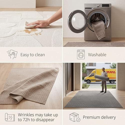 TT Home Shaggy Tapis Chambre Haut Poil Bohème Scandi Abstrait Unis Lavable Geometrique, Couleur:Beige Clair Crème Clair, Dimension:120x160 cm thumbnail 4