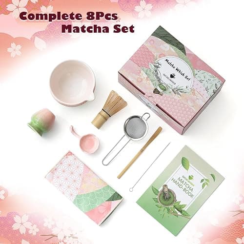 Matcha Tea Set, 8 Pcs Japanese Matcha Kit with Cherry Blossom and Wave Design Ceramic Bowl, Bamboo Whisk, Whisk Holder, Scoop, Sifter, Brush, Matcha Kit Set for Matcha Lovers (Pink-Green) thumbnail 3