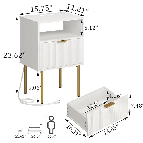 Modern Nightstand with Charging Station and LED Lights, White Bedside Table with Drawer, Fluted Side Table for Living Room, Bedroom thumbnail 2