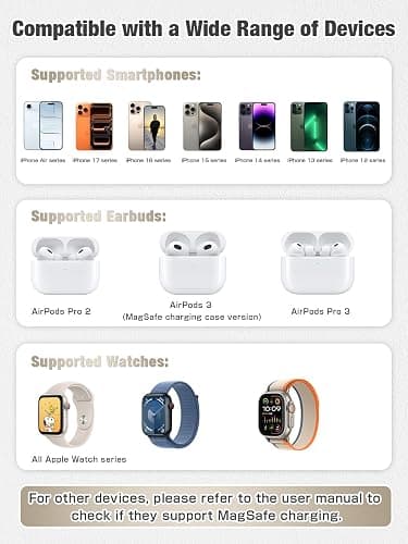 3 in 1 Magnetic Wireless Charging Station, 15W Fast Charger Compatible with iPhone 17/16/15/14/13/12 Series, Apple Watch 9-2/SE, AirPods Pro 3/2/1, for Bedside Desk Travel Home Office (Black) thumbnail 4
