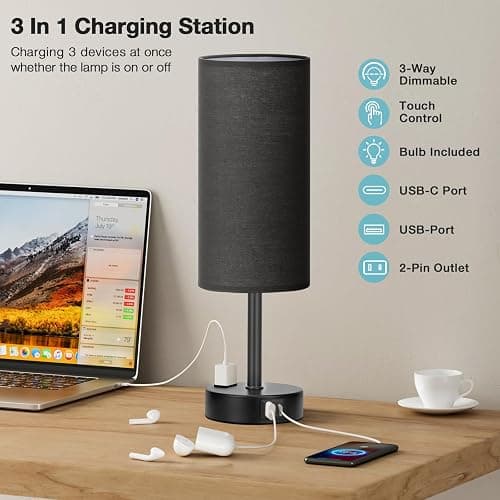 Fenmzee Black Bedroom Lamp for Nightstand - 3 Way Dimmable Bedside Lamp USB C A Charging Ports and AC Outlet, Small Table Lamp Black Base for Living Room, Office Desk, LED Bulb Included thumbnail 3