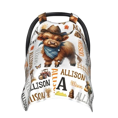 Personalized Baby Western Highland Cow Car Seat Canopy for Babies,Custom Name Car Seat Covers for Boys Girls,Universal Fit for Infant & Toddler & Newborn Breathable Multi-Use Stroller Cover All-Season - Image 1