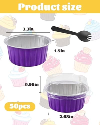 Tikxlafe Aluminium Foil Cake Cups with Lids Muffin Tins, Mini Cake Pans, Mini Bread Moulds with Lids, Disposable Baking Cups with Lids - 50 Pack of 5 oz Round Aluminium Foil Cake Baking Cups-Purple thumbnail 3