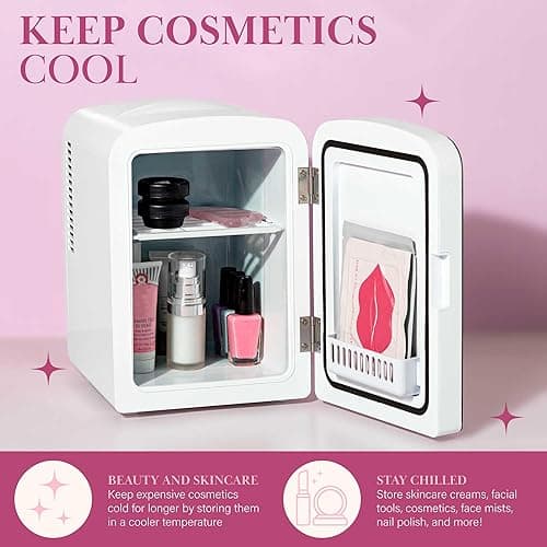 Paris Hilton Mini Refrigerator and Personal Beauty Fridge, Mirrored Door with Dimmable LED Light, Thermoelectric Cooling and Warming Function for All Cosmetics and Skincare Needs, 4-Liter, White - White thumbnail 8