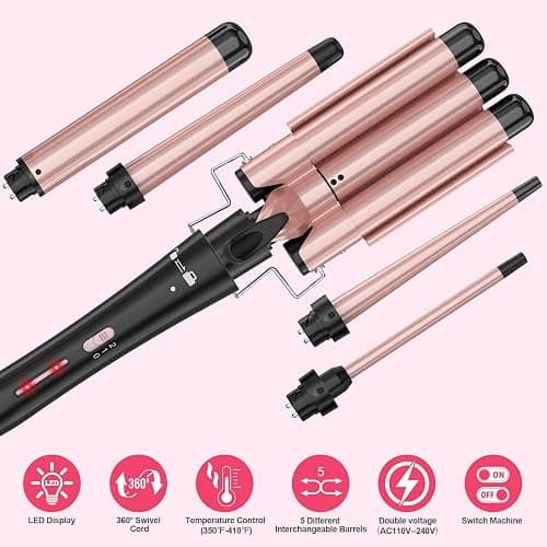 Curling Wand Set, Curling Iron Interchangeable 3 Barrel Wand Curler with Ceramic Tourmaline Professional 5 in 1 Wand Curling Iron,for Women with Curler and Waver thumbnail 6