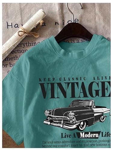 RoseSeek Women's Graphic Letter Tee Crew Neck Drop Shoulder Trendy Summer T Shirt Short Sleeve Vintage Car Print Top thumbnail 3