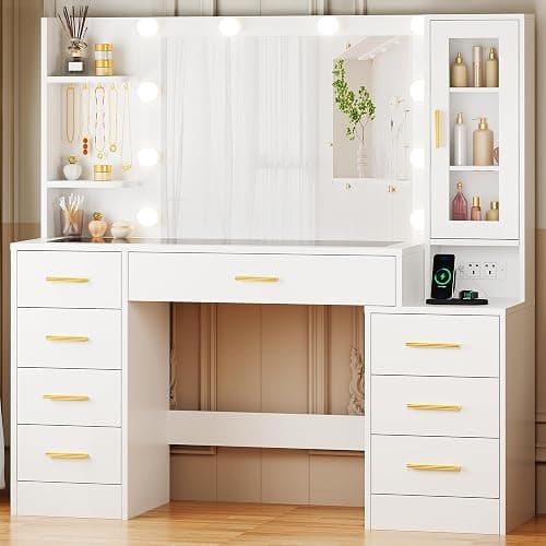 ANWBROAD Large Dressing Table with Mirror and Lights,White Makeup Vanity Desk with Glass Top and Power Outlet 8 Drawers 5 Hooks Nightstand Vanity Table for Bedroom Women Girls YBDT88W - Image 1