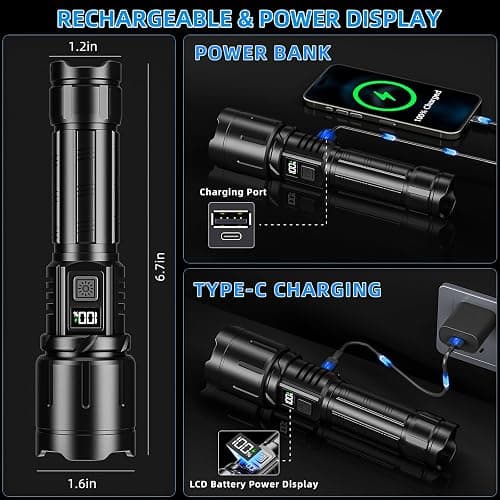 KNIBO Rechargeable Flashlight 99000 High Lumens, LED Super Bright Flash Light, Tactical Flashlights with LCD Power Display, 6 Modes, Waterproof, Brightest Flashlight for Emergencies Camping thumbnail 5