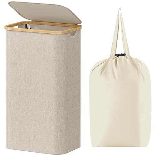 Lifewit 100L Laundry Basket with Lid, Clothes Hampers for Laundry with Bamboo Handles and A Removable Bag, Large Foldable Laundry Hamper for Bedroom, Bathroom, Dorm, Laundry Room, Beige - Beige - 100L - Image 1