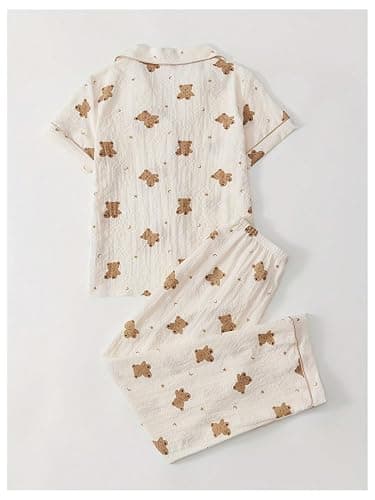 Verdusa Women's 2 Piece Pajama Sets Cute Printed Fall Pajamas Sleepwear Button Up Shirt with Pants Lounge Pjs thumbnail 2