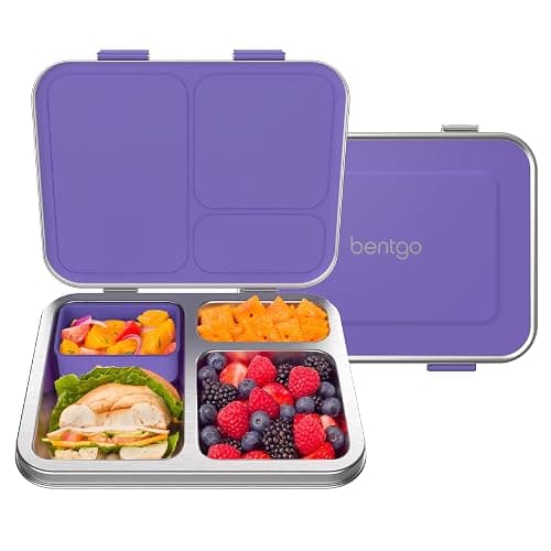 Bentgo Kids Stainless Steel Leak-Resistant Lunch Box - 3-Compartments with Bonus Silicone Container, Durable, Eco-Friendly, Dishwasher Safe, BPA-Free, Ideal for School, Ages 3+ (Purple) - Image 1