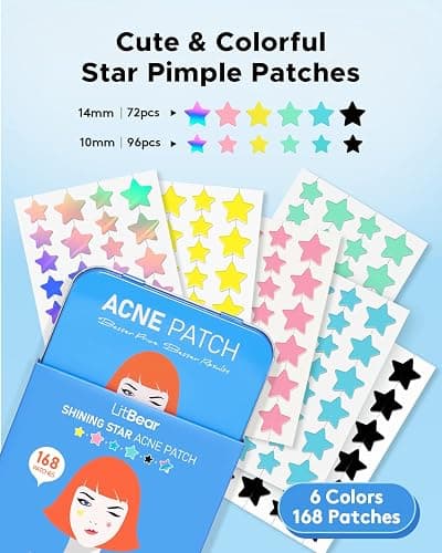 LitBear Acne Pimple Patch, 6 Colors 168 Dots Star Pimple Patches with Tea Tree Oil & Centella Oil, Hydrocolloid Acne Patches for Face Cute Zit Patches Pimple Stickers Acne Dots thumbnail 2