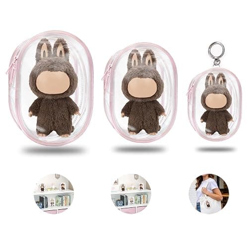 3Pcs Clear Figure Display Bag,Keychain Carrying Case, Portable Small Doll Storage Pouches,Dustproof Small Display Case for Figurines, Blind Box, Mini Dolls, Shelf/Outdoor Showcase PVC Bag(Pink) - Image 1