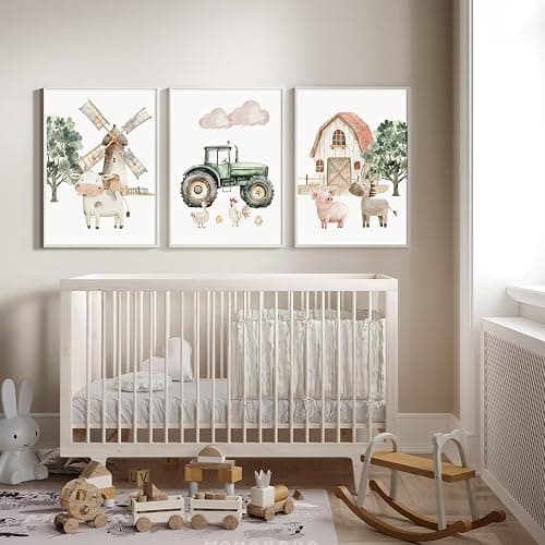 Nursery Farm Animal Wall Art Decor Baby Animal Canvas Prints Nursery Kids Farmhouse Poster Farm Cow Pig Pictures Wall Decor Green Tractor Painting Artwork for Children Bedroom 12x16 Inch Unframed 3Pcs thumbnail 6