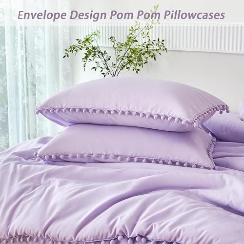 PERFEMET 5 Pieces Lavender Purple Comforter Set Twin Aesthetic Boho Solid Bed Comforter Sheet Set with Pompoms Soft Microfiber Light Purple Bed in A Bag for Girls Kids(Lavender, Twin) thumbnail 7