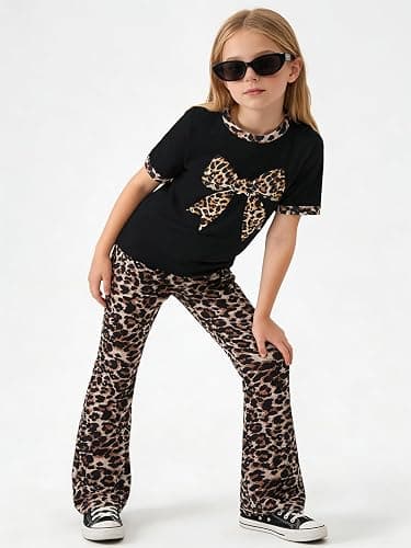 HSOXLQF Tween Girls Clothes 2 Piece Outfits Bow Short Sleeve Tops and Leopard Print Flare Pants Summer Set thumbnail 5