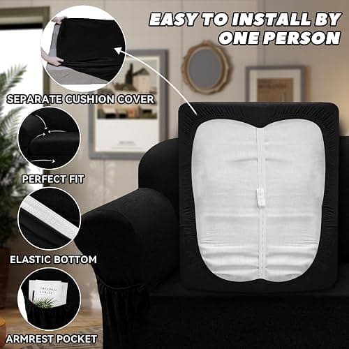 Pfrstuv Sofa Slipcover with Armrest Pockets 4-Piece Set, Stretch Faux Leather Couch Cover for 3-Cushion Couches(Fits 72-92") - Non-Slip, Machine Washable, Pet & Kid Friendly - Black thumbnail 5