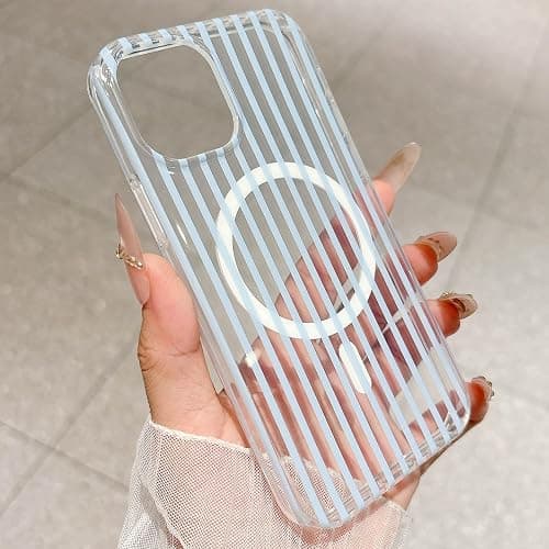 HYUEKOKO Clear Striped Phone Case for iPhone 13 & iPhone 14 & iPhone 15, Fashion Retro Stripe Pattern Aesthetic Cover, Soft TPU Slim Shockproof Case for Girls Women, Clear-Blue thumbnail 2