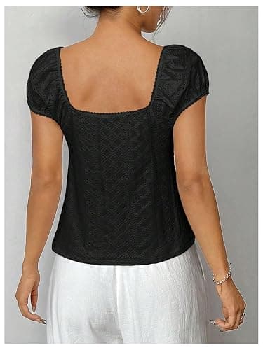 SHENHE Women's Babydoll Top Square Neck Cap Sleeve Empire Waist Cute Lace Eyelet Baby Doll Peplum Top Tshirt thumbnail 3