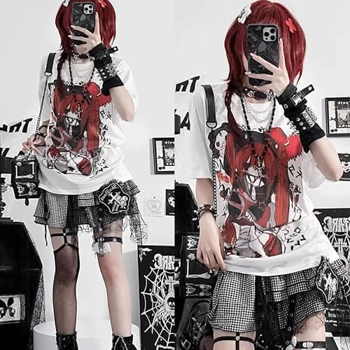 RILGOU Kawaii Goth Fashion Harajuku Y2K Casual Style Soft Crewneck Cute Cartoon Print Red Hair Guitar Girl T-Shirt thumbnail 6