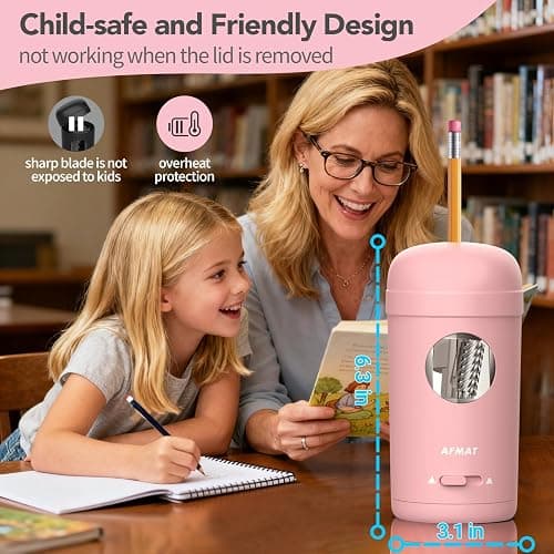 AFMAT Electric Pencil Sharpener, Fully Automatic Pencil Sharpener for 7-8mm Pencils & Colored Pencils, Auto in & Out, Rechargeable Vertical Hands-Free Sharpeners for Classroom/Home/Office PSX7(Pink) thumbnail 6