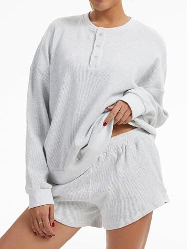 AnotherChill Women's Oversized Waffle Knit Lounge Set Long Sleeve Sweatshirt and High Waisted Shorts 2 Piece Casual Outfit thumbnail 2
