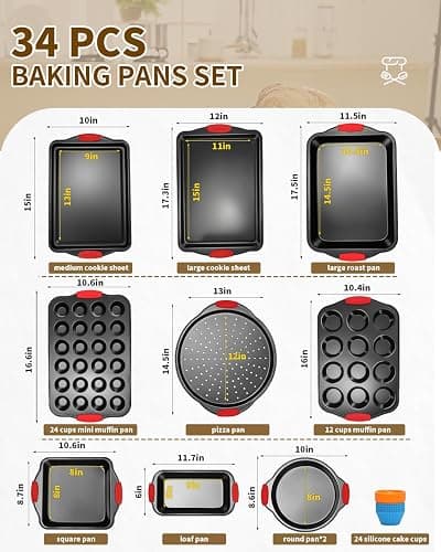 Ymiton Baking Pans Set with Silicone Handles, 34 PCS Nonstick Bakeware Sets, Oven Pan Set Includes Baking Tray, Cookie Sheet, Cake Pans, Loaf Pan, Muffin Pan, Pizza Pan thumbnail 2