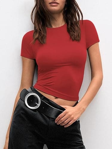 MIROMIHO Womens T Shirts Modal Breathable Basic Scoop Neck Short Sleeve Crop Tops Cute Summer Tops Slim Fit Y2k Tees - Small - Red thumbnail 2