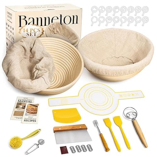 BAVIFY Sourdough Starter Kit, Sourdough Bread Baking Supplies with 2 Pcs 9" Round Banneton Bread Proofing Baskets, Dough Scraper, Dough Whisk, Bread Lame, Silicone Sling, Spatula, Powder Dredger - Image 1