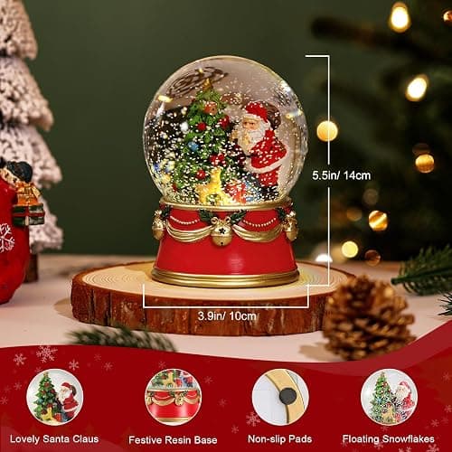 Lewondr Christmas Snow Globe, Santa Claus Electric Snow Globe with Snowflake & Lights, Battery Powered Xmas Water Globe, Christmas Decoration for Home, Holiday Party, Tabletop, Red thumbnail 2