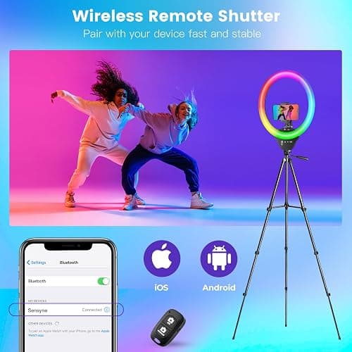 Sensyne 10'' RGB Ring Light with 50'' Extendable Tripod Stand, Circle Lights with Phone Holder for Live Stream/Makeup/YouTube Video/TikTok, Compatible with All Phones thumbnail 5