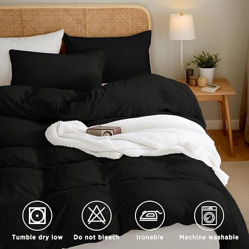 TOCOMOA Duvet Cover Queen Size, 3 Pieces 100% Washed Microfiber Black Comforter Cover, Super Soft and Breathable Duvet Cover 90 x 90 Inches with Zipper Closure thumbnail 3