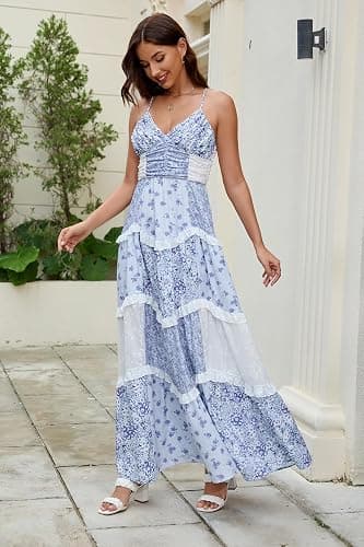 ABYOVRT Women Floral Maxi Dress Spaghetti Straps V Neck Patchwork Flowy Boho Sundress Tiered Long Dresses thumbnail 5