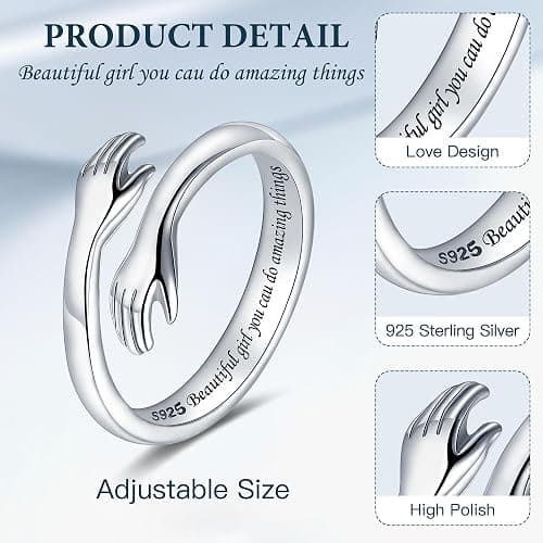 LOVECOM S925 Sterling Silver Hug Rings for Women Adjustable Hugging Hands Open Ring for Men Promise Rings Jewelry Birthday Mothers Day Gifts for Dad Mom Wife Daughters Grandma Best Friend thumbnail 2