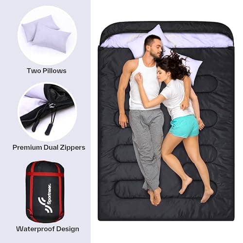 Sportneer Double Sleeping Bag: Queen Size 2 Person All Season for Warm & Cold Weather Camping Sleeping Bag with 2 Pillows, Waterproof Lightweight Large Size 86.6'' x 59'' thumbnail 2