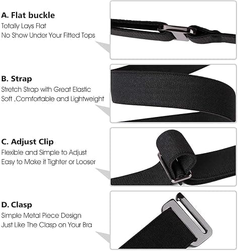 6 Pack Invisible Women Crop Top Tuck Stretch Belt No Show Elastic Web Strap Belt with Flat Buckle for Jeans Pants Dresses, F-black+coffee+blue+white+khaki+grey, US Size 0-16 thumbnail 5