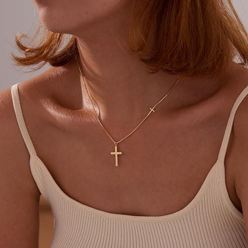 Easter Basket Stuffer Cross Necklace for Women Girls, Dainty 14K Gold Silver Plated Cross Choker Jewelry Non Tarnish Waterproof Cute Simple Small Necklace Christian Baptism Religious Faith Jewelry Gifts thumbnail 5