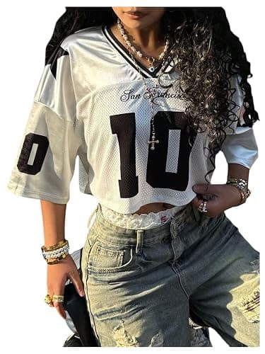 SweatyRocks Women's Number Graphic Jersey Shirts Y2k Crop Jerseys V Neck Oversized Baggy Tops Streetwear thumbnail 4