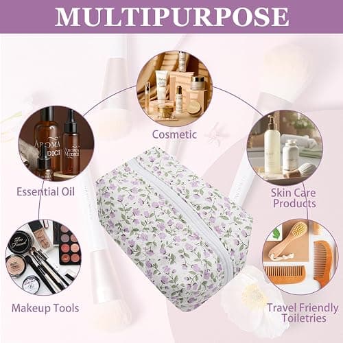 dark swan Cotton Quilted Makeup Bag, Cute Pouch Toiletry Bag Cosmetic Bag Quilted Floral Organizer Bag Travel Coquette Aesthetic Portable Storage Zipper Purse for Women (Purple) thumbnail 5