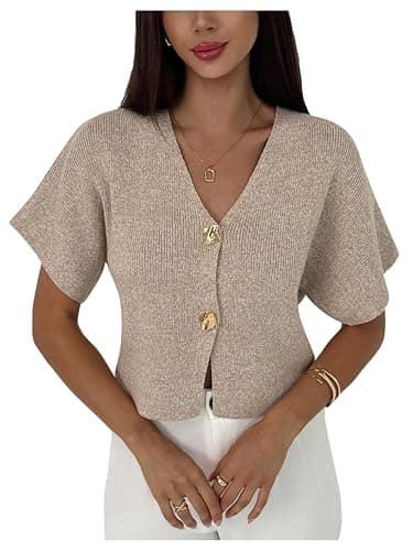 SOLY HUX Women's Short Sleeve Office Spring Winter Cardigan Sweater Button Down V Neck Slim Fit Elegant Knit Tops - Image 1