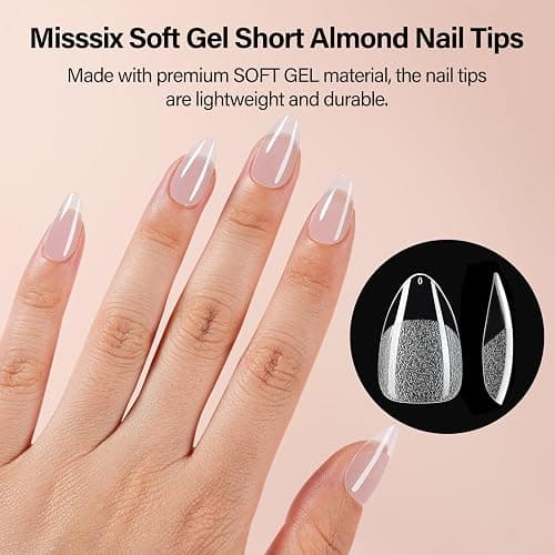 Misssix Short Almond Gel x Nail Tips Kit, 504Pcs Pre Etched Clear Fake Nails, Full Cover False Nail 9-in-1 Gel Glue and Portable Mini U V Nail Lamp for Women 12 Sizes thumbnail 2