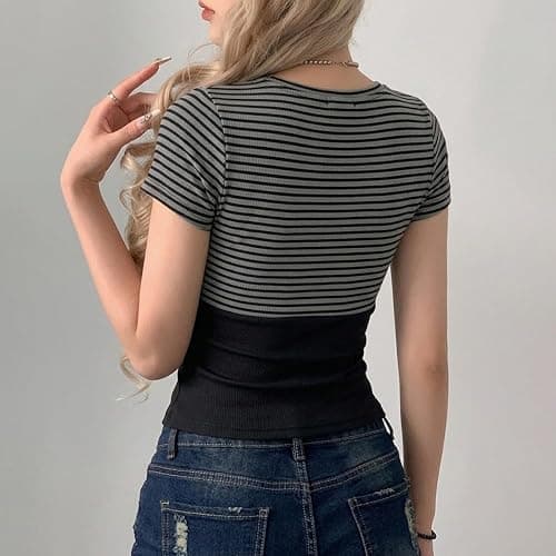 Hesaco Short Sleeve Tops for Women Y2K Patchwork Tees Casual Slim Fit T-Shirt with Front Tie Summer Outfit Streewear thumbnail 5