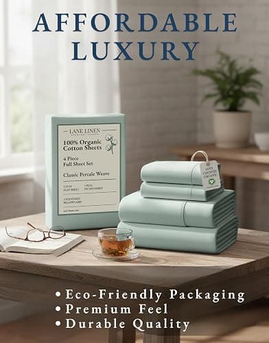 LANE LINEN 100% Organic Cotton Full Sheets Set, Soft & Comfy Percale Weave Fully Elasticized Reinforced Seams Sustainably Produced Oeko Tex Certified Deep Pocket Cotton Full Size Sheet - Cool Blue thumbnail 8