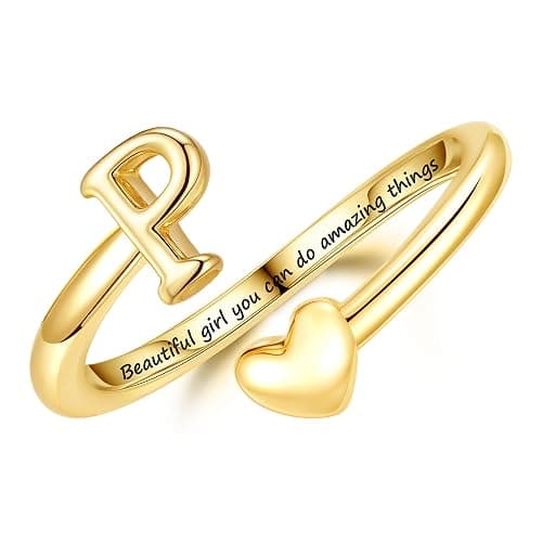 Turandoss Initial Heart Rings for Teen Girls Kids Gifts Trendy Stuff | 6-16 Year Old Teen Girls Kids Birthday Gifts, 14K Gold Plated, Initial Letter A-Z Adjustable Ring, Personalized Kids Rings - Image 1