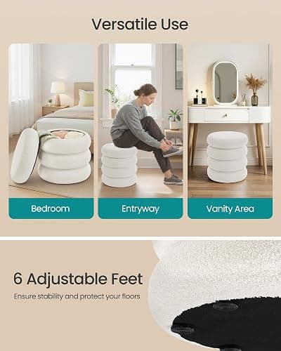 SONGMICS Vanity Stool, Round Ottoman with Storage, Upholstered Foot Stool, Removable Lid, for Living Room, Bedroom, Easy Assembly, 16.9 x 16.9 x 18.5 Inches, Teddy Fleece, White ULOM015WD01 thumbnail 7