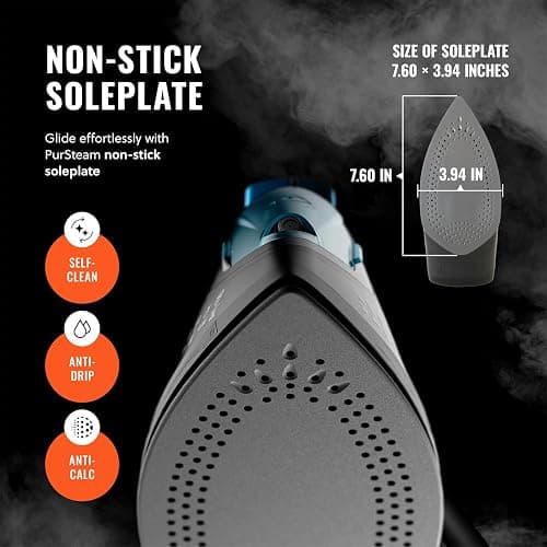 PurSteam Professional 1250W Steam Iron | Powerful Steamer with Burst of Steam & Spray | Non-Stick Soleplate, Easy Temperature Control & Auto Shut-Off thumbnail 3