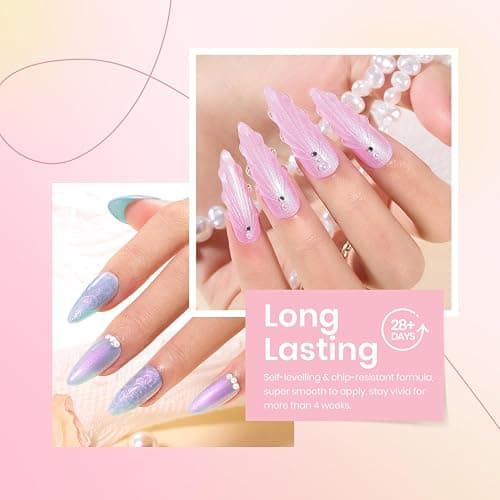 Beetles Pearl Gel Nail Polish, 6 Colors Shimmer Pearl White Pink Purple Mermaid Nail Drawing Gel Polish Soak Off Uv Gel Polish Swirl Shell Thread Effect DIY Manicure Gift for Women thumbnail 4