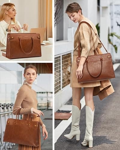 LOVEVOOK 17 Inch Laptop Tote Bag For Women Teacher Work Bag, Leather Computer Bags For Laptops For Women, Vintage Waterproof Laptop Bag Business Briefcase Office Large Shoulder Handbag Purse, Brown - 17.3 inch - Brown thumbnail 6